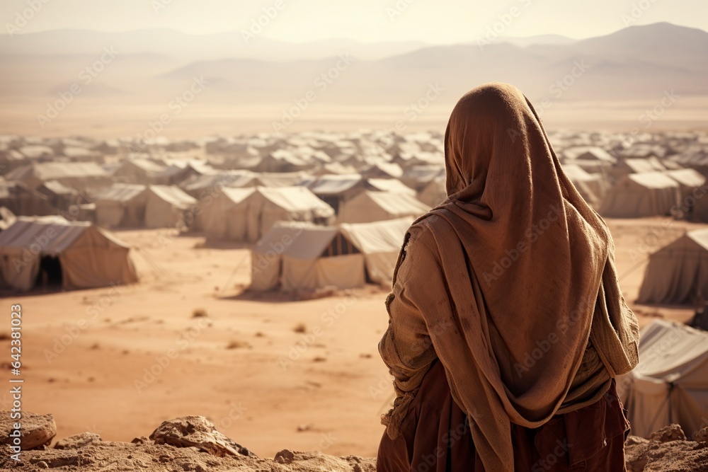 woman in traditional Muslim hijab and jacket contemplating the place woman in traditional Muslim hijab and jacket contemplating the place