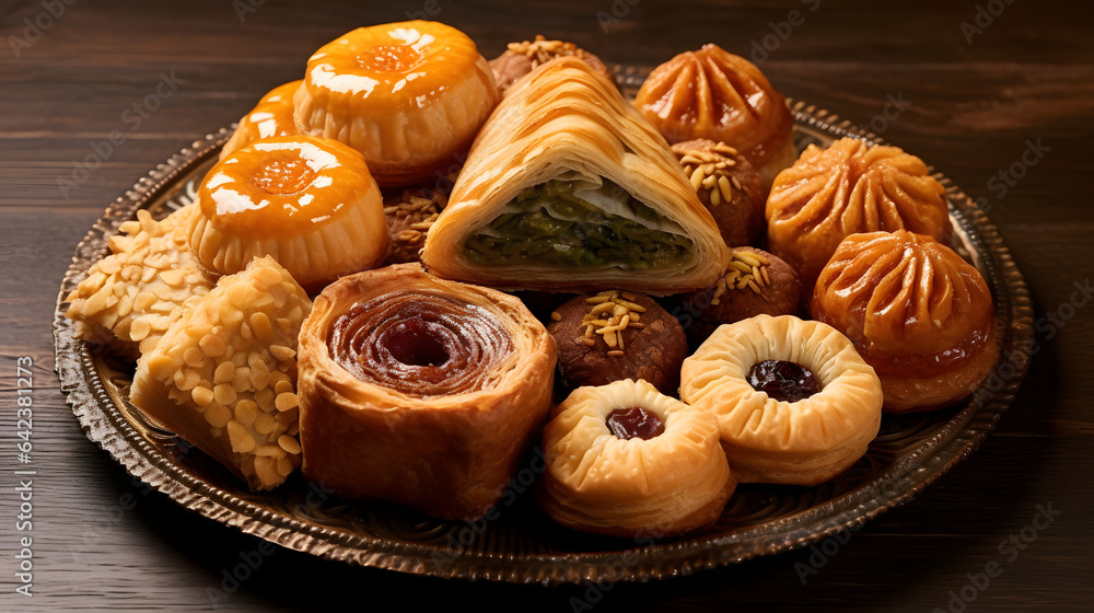 A platter of assorted Middle Eastern pastries, including baklava and kunafa