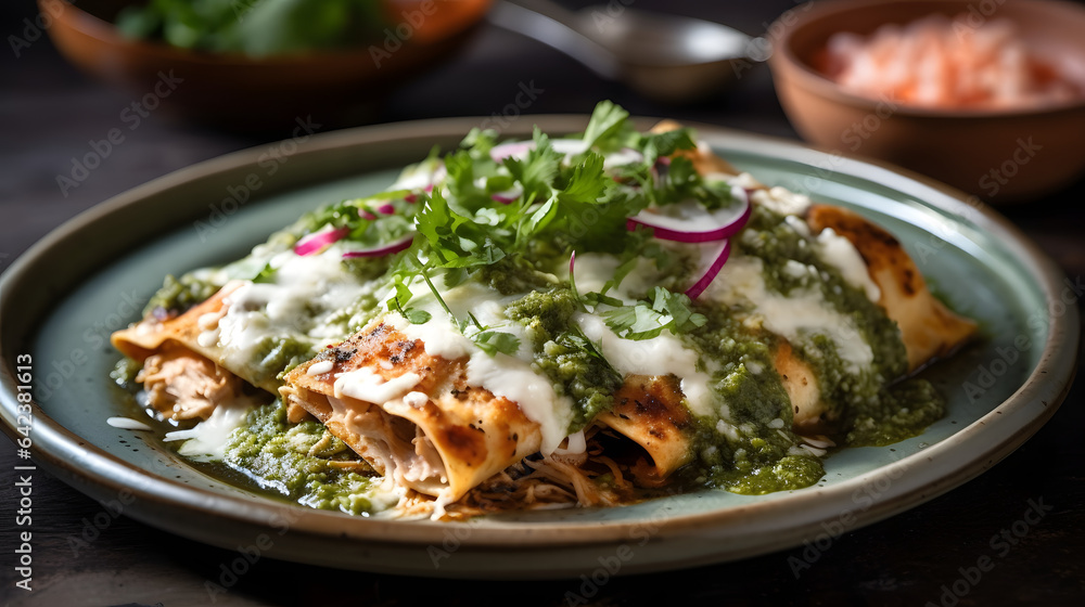 A plate of savory and flavorful chicken enchiladas with a smoky salsa verde A plate of savory and flavorful chicken enchiladas with a smoky salsa verde