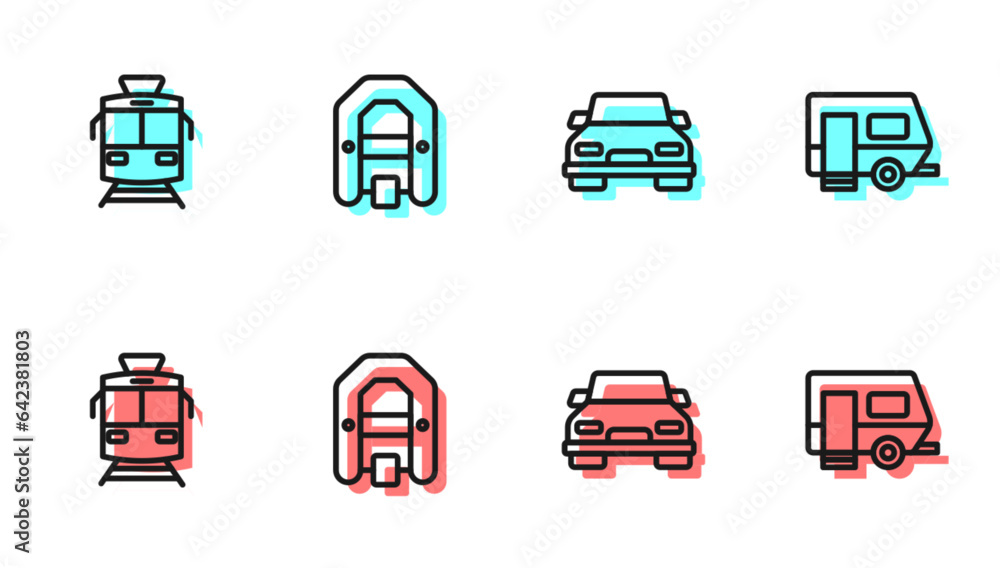 Set line Car, Tram and railway, Rafting boat and Rv Camping trailer icon. Vector