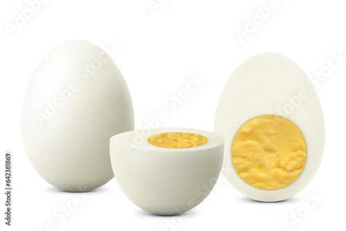 Whole boiled peeled chicken egg with halves egg isolated on a white background. Halves of hard boiled chicken eggs with yolks, Boiled Egg Sliced. Top view. Realistic 3D vector illustration