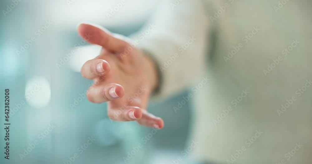 Hope, help and woman with hand, offer or welcome gesture to join for support or come sign. Empathy, reaching and female show kindness, aid or healing from depression, poverty or mental health crisis