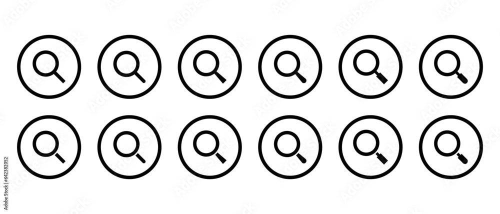 Magnifying glass, search icon vector in circle line. Loupe, magnifier sign symbol Magnifying glass, search icon vector in circle line. Loupe, magnifier sign symbol