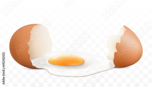 A broken brown egg isolated on a white background. The protein and yolk flowed out of a broken egg shells close-up. Horizontal illustration of cracked egg. Realistic 3d vector design