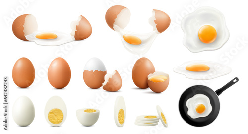 Set of whole, half, sliced and broken eggs. Raw, fried and boiled eggs, isolated on white background. Crack eggs with yolks. Eggshell and proteins. Fried eggs on frying pan. Realistic 3d vector.