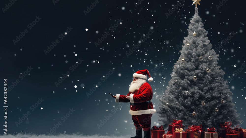 Santa Claus christmas tree copy space template christmas background postcard Santa Claus christmas tree copy space template christmas background postcard