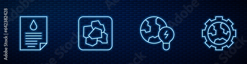 Set line Global planet with bulb, Oil drop document, Gold nugget and Gear wheels and earth. Glowing neon icon on brick wall. Vector