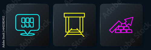 Set line Gold bars 24k, Growth arrow with gold and mine. Black square button. Vector