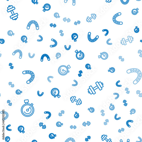 Set line Stopwatch, Dumbbell and Mouth guard boxer on seamless pattern. Vector