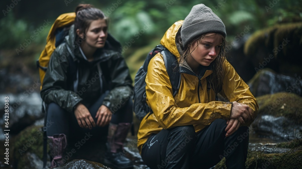 girls lost and upset in a damp forest crying alone