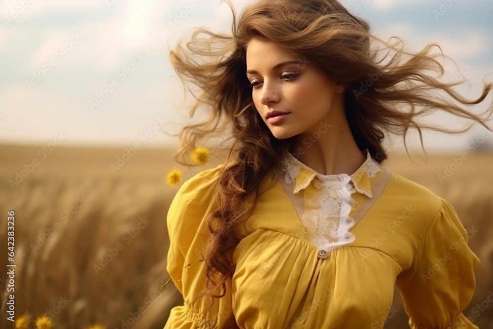 beautiful young woman in the field dressed in yellow vintage style beautiful young woman in the field dressed in yellow vintage style