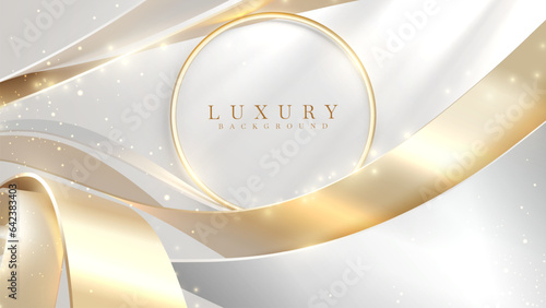 Luxury white background with gold ribbon elements and circle frame with glitter light effect decoration and bokeh.