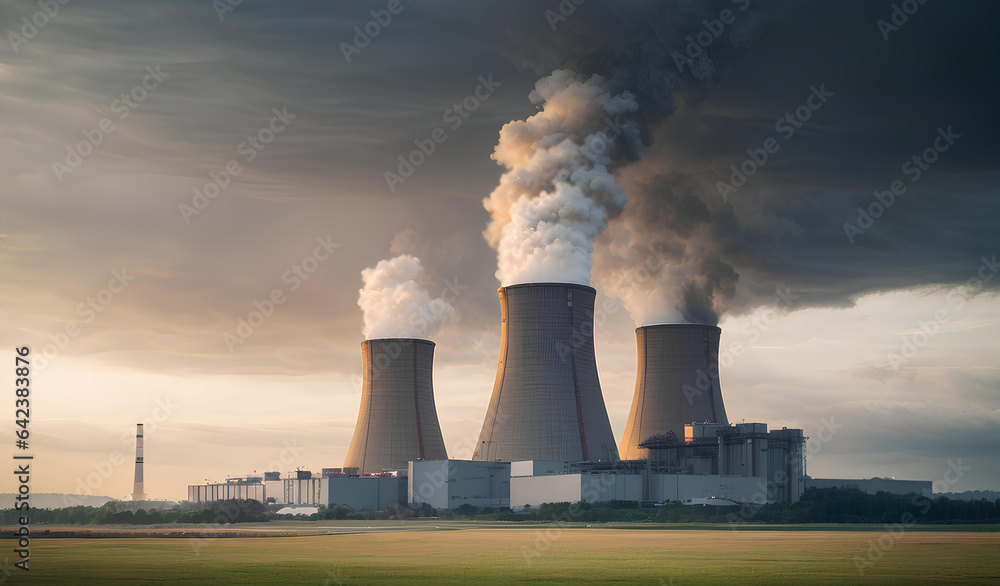 Atomic power plant at sunset. Production of electric and thermal energy. Nuclear energy concept