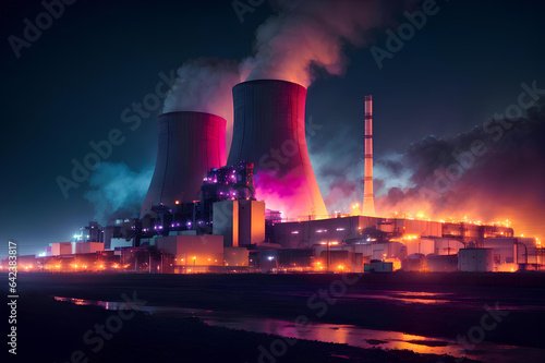 Fire at a nuclear power plant in neon colors. Environmental disaster
