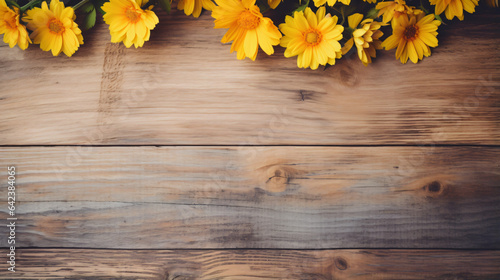 Yellow flowers on vintage wooden background