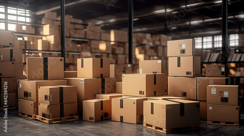 A spacious warehouse containing numerous boxes. © maniacvector