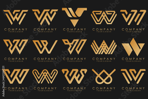 Abstract collection with letters W logo design. creative design logotype W with gold color.