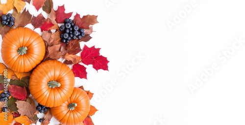 Autumn decor of pumpkins, leaves and berries on a white background for postcards. Halloween, Flat autumn composition with empty space.