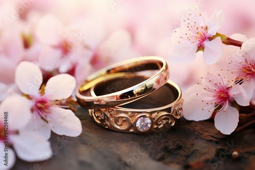 Wedding rings nestled amidst spring blossoms, a symbol of eternal love