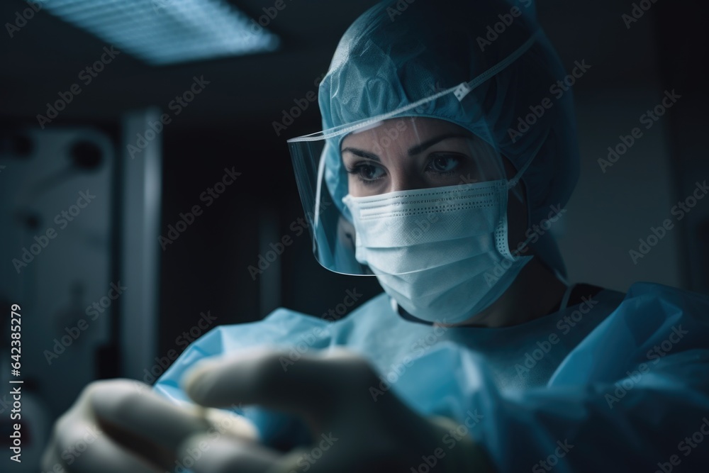 A doctor woman wearing a surgical mask, performing a medical procedure with focus and precision in an operating room or sterile medical environment. Generative AI. A doctor woman wearing a surgical mask, performing a medical procedure with focus and precision in an operating room or sterile medical environment. Generative AI.