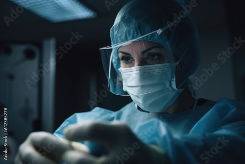 A doctor woman wearing a surgical mask, performing a medical procedure with focus and precision in an operating room or sterile medical environment. Generative AI.