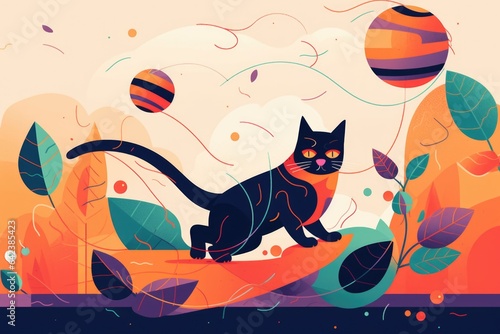 A playful cat chasing a ball of yarn, capturing the energy and curiosity of cats. A colorful and engaging environment with various interactive toys. Generative AI.