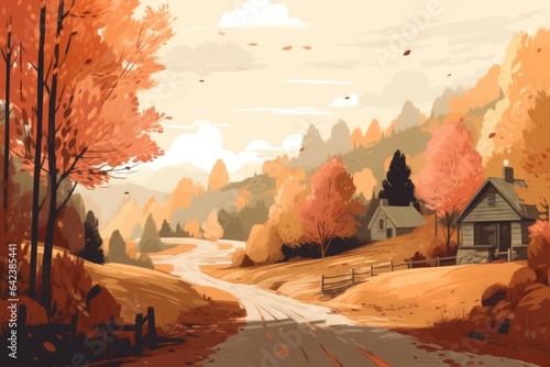 A scenic countryside road lined with trees in full autumn colors, leading to a picturesque village. Beauty of nature, a sense of tranquility and serenity. Generative AI.