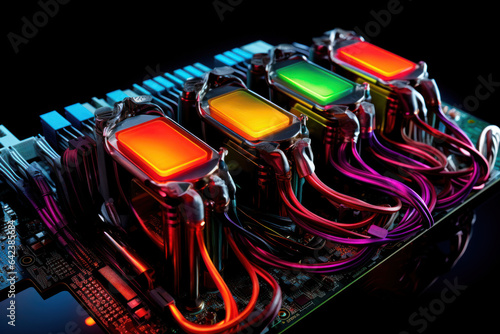 TPU  Tensor processing unit  Chip and Circuit Board with colored cooling liquid pipes