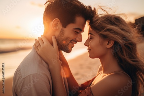 A happy couple embracing and enjoying a romantic sunset on the beach. Love and connection between the couple. Valentine's Day. Generative AI