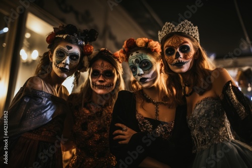 A group of friends wearing elaborate and unique costumes, posing together at a Halloween party.The fun and social aspect of Halloween celebrations. Generative AI.