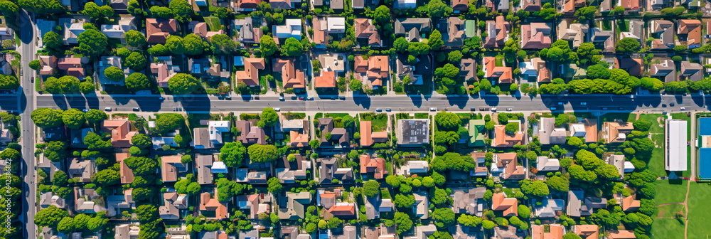 aerial perspective of a peaceful suburban neighborhood, with houses, parks, and tree-lined streets. Generative AI
