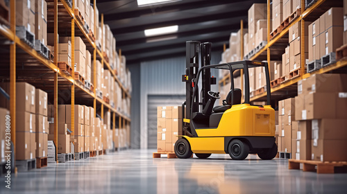 A forklift driving in a warehouse. © maniacvector