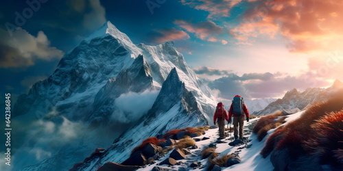 climbers ascending a snow-capped peak, showcasing human connection with nature. Generative AI