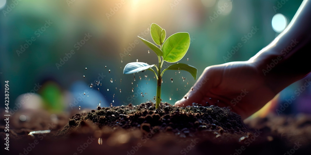 entrepreneur planting a seedling, symbolizing the growth of a startup. Generative AI - obrazy, fototapety, plakaty 