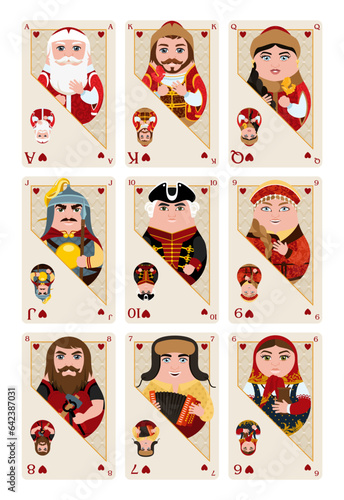 A set of playing cards according to the suit of hearts. Original design in the style of a Tilting Toy. The symbol of entertainment is poker, blackjack, casino. Vector illustration