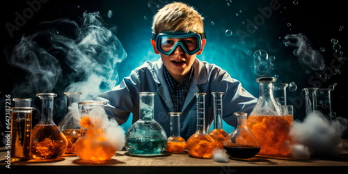 little scientist experimenting with chemical reactions in his laboratory. Generative AI