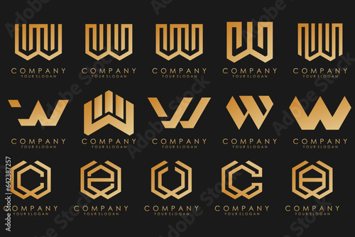 Abstract collection with letters W logo design. creative design logotype W with gold color.