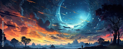 Starry Night anime inspired night sky in vast galaxy with multiple moons  © Photo And Art Panda