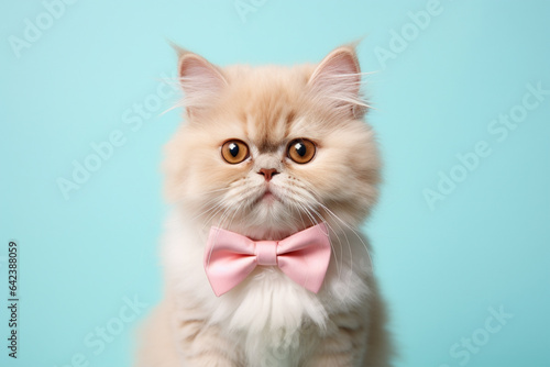 Fluffy Persian cat with pink bowtie on pastel blue background