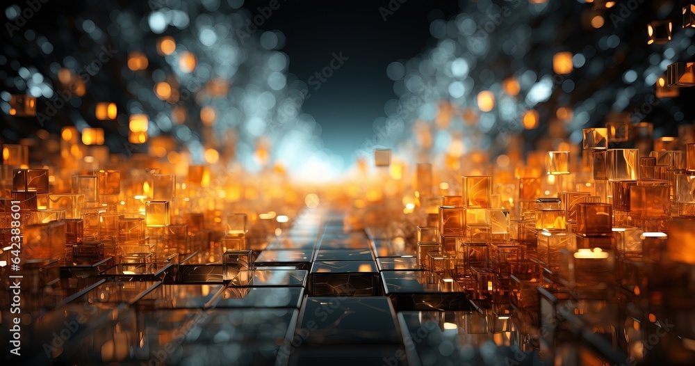 abstract of yellow and orange abstract cubes in light, futuristic cityscapes