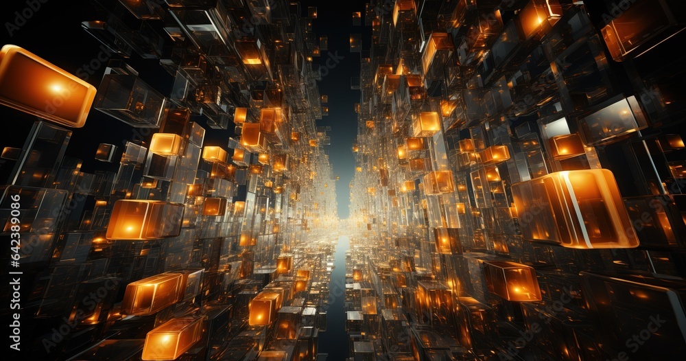 abstract of yellow and orange abstract cubes in light, futuristic cityscapes