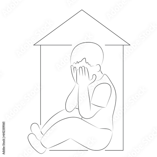 Sketch portrait of a boy who covered his face with his hands and sits in an imaginary house, isolate on white, flat vector