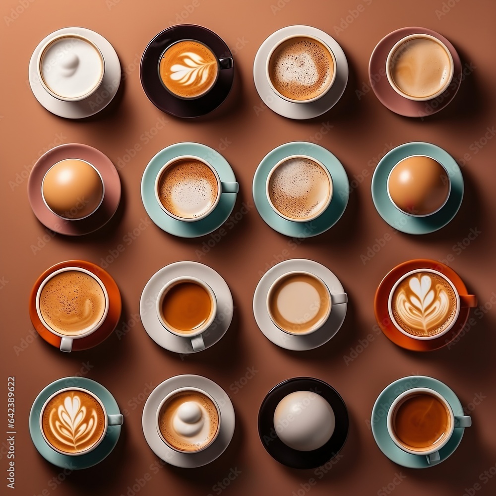 aerial view of various assorted coffee cups aerial view of various assorted coffee cups