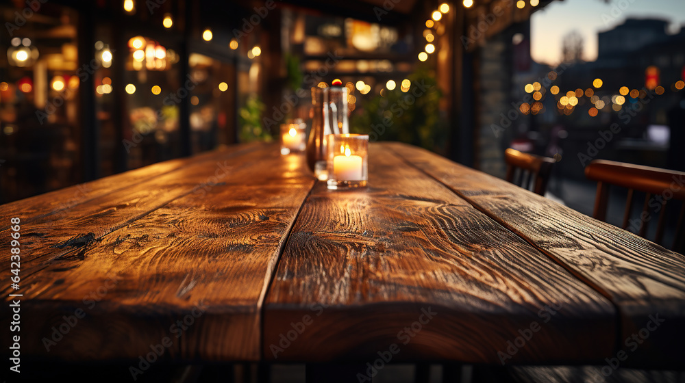 Rustic wooden table in a cozy restaurant setting - obrazy, fototapety, plakaty 