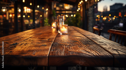 Rustic wooden table in a cozy restaurant setting