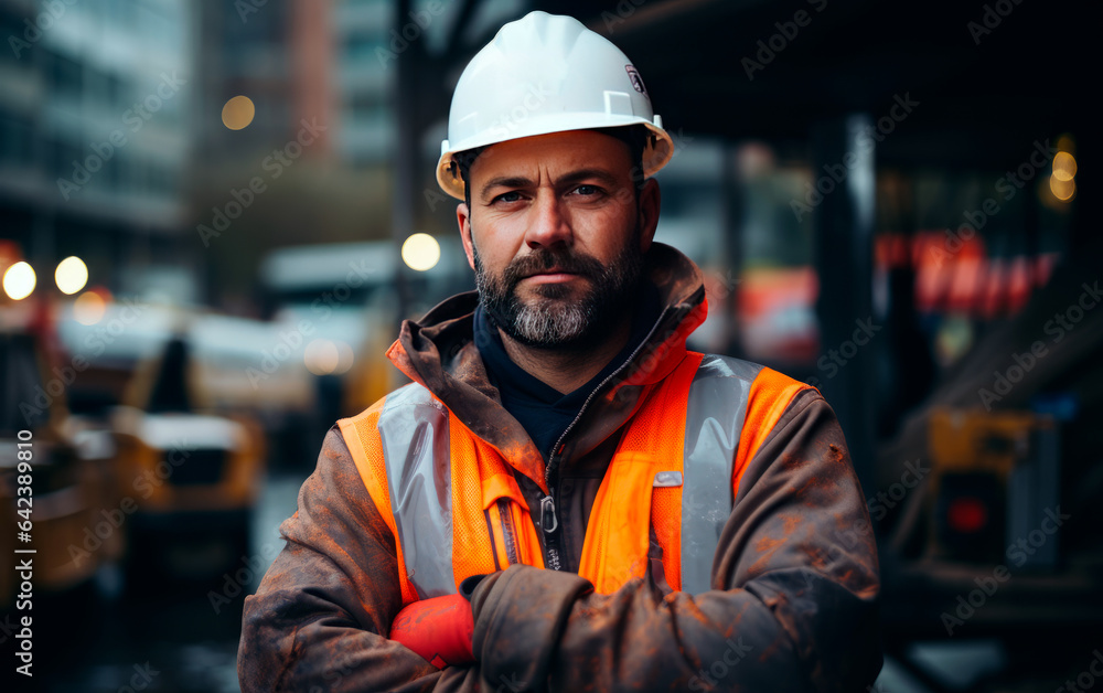 Construction worker man with hat and cross arms.