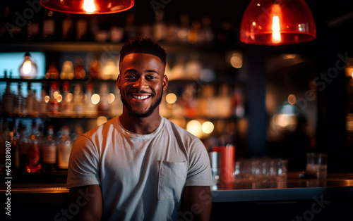 Smiling black bartender relaxing behind the bar. Alcoholic beverage preparation. 