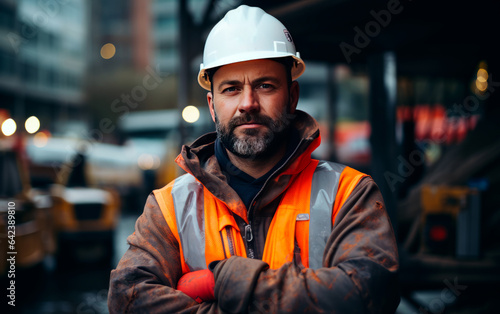 Construction worker man with hat and cross arms.
