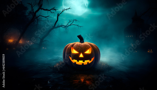 Scary halloween pumpkin in a spooky forest night with copy space.