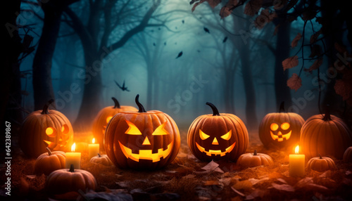Halloween pumpkins in a spooky forest night.